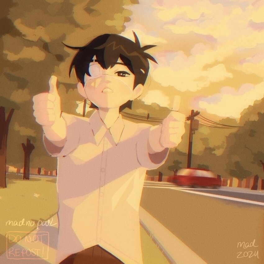 1boy, 2024, antenna_hair, artist_name, black_eyes, black_hair, bright_pupils, car