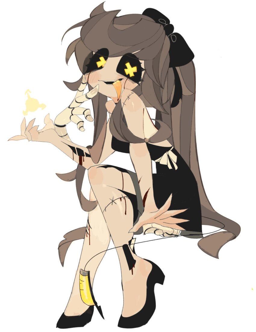 1girl, armband, black_bow, black_dress, bow, collared_suit, cyn_(murder_drones), dress, extra_hands, frilled_vest, frills, glove_cuffs, grey_tongue, highres, humanoid_robot, lace-trimmed_headwear, lace_trim, long_hair, looking_at_viewer, low-tied_sidelocks, mechanical_arms, mechanical_head, murder_drones, open_mouth, orange_armband, puffy_short_sleeves, puffy_sleeves, robot, short_sleeves, sidelocks, simple_background, small_pupils, smile, solo, usa37107692, vest, yellow_eyes