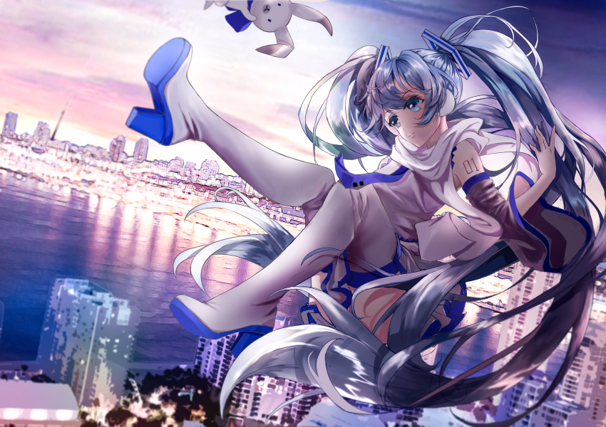 1girl, absurdly_long_hair, absurdres, animal, ass_(pixiv_39703734), bare_shoulders, blue_eyes, blue_hair, blue_necktie, blue_sky, boots, building, city, closed_mouth, cloud, detached_sleeves, dot_nose, earmuffs, expressionless, floating, full_body, gradient_sky, grey_skirt, grey_sleeves, hair_ornament, hatsune_miku, high_heel_boots, high_heels, highres, lace, lace-trimmed_shirt, lace_trim, lips, long_hair, long_sleeves, looking_ahead, miniskirt, necktie, number_tattoo, ocean, outdoors, pleated_skirt, rabbit, rabbit_yukine, scarf, shirt, shoulder_tattoo, skirt, sky, skyscraper, sleeveless, sleeveless_shirt, sunrise, tattoo, thigh_boots, tie_clip, twintails, very_long_hair, vocaloid, white_boots, white_scarf, white_shirt, white_sky, wide_sleeves, yuki_miku, yuki_miku_(2010)