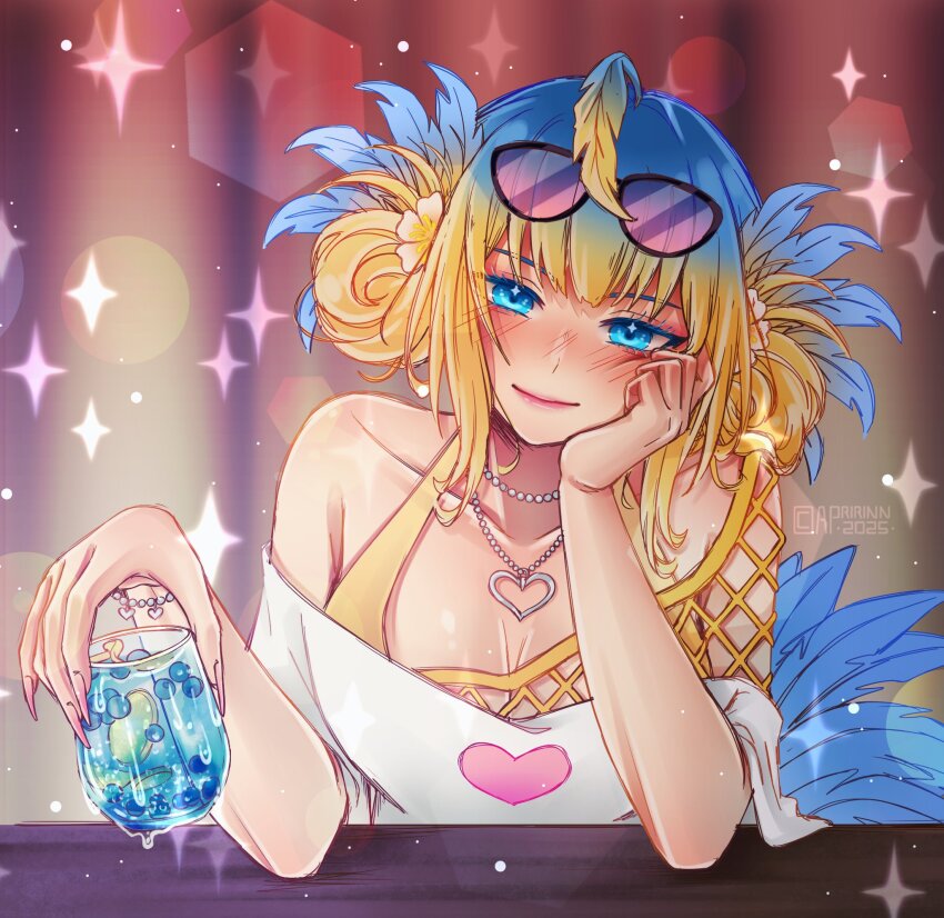 1girl, blonde_hair, coco_the_dodo, cup, drinking_glass, feathers, glasses_on_head, highres