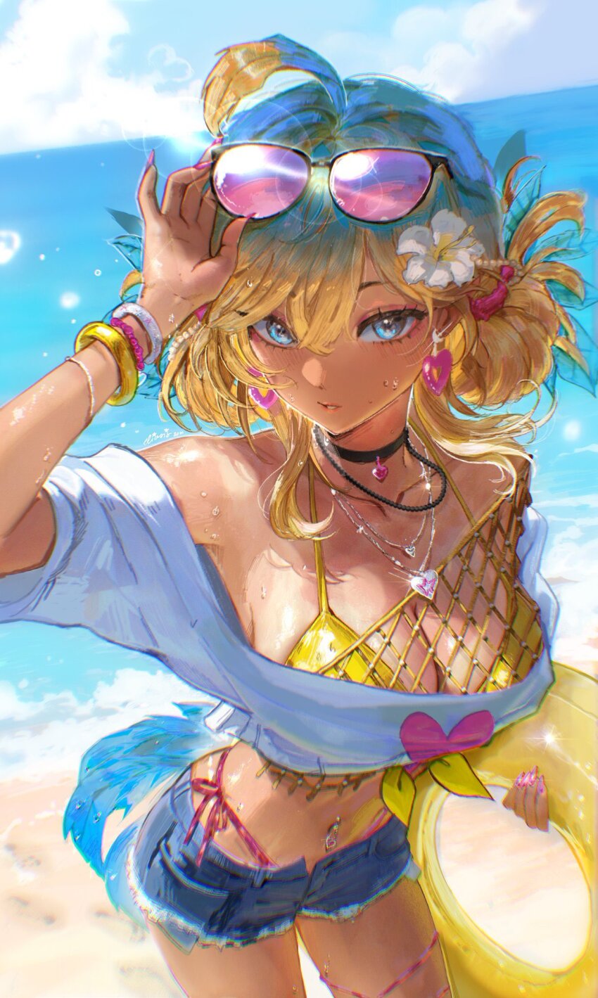 1girl, beach, blonde_hair, coco_the_dodo, feathers, glasses_on_head, highres, indie_virtual_youtuber