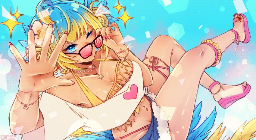 1girl, blonde_hair, coco_the_dodo, feathers, highres, indie_virtual_youtuber, one_eye_closed, wink