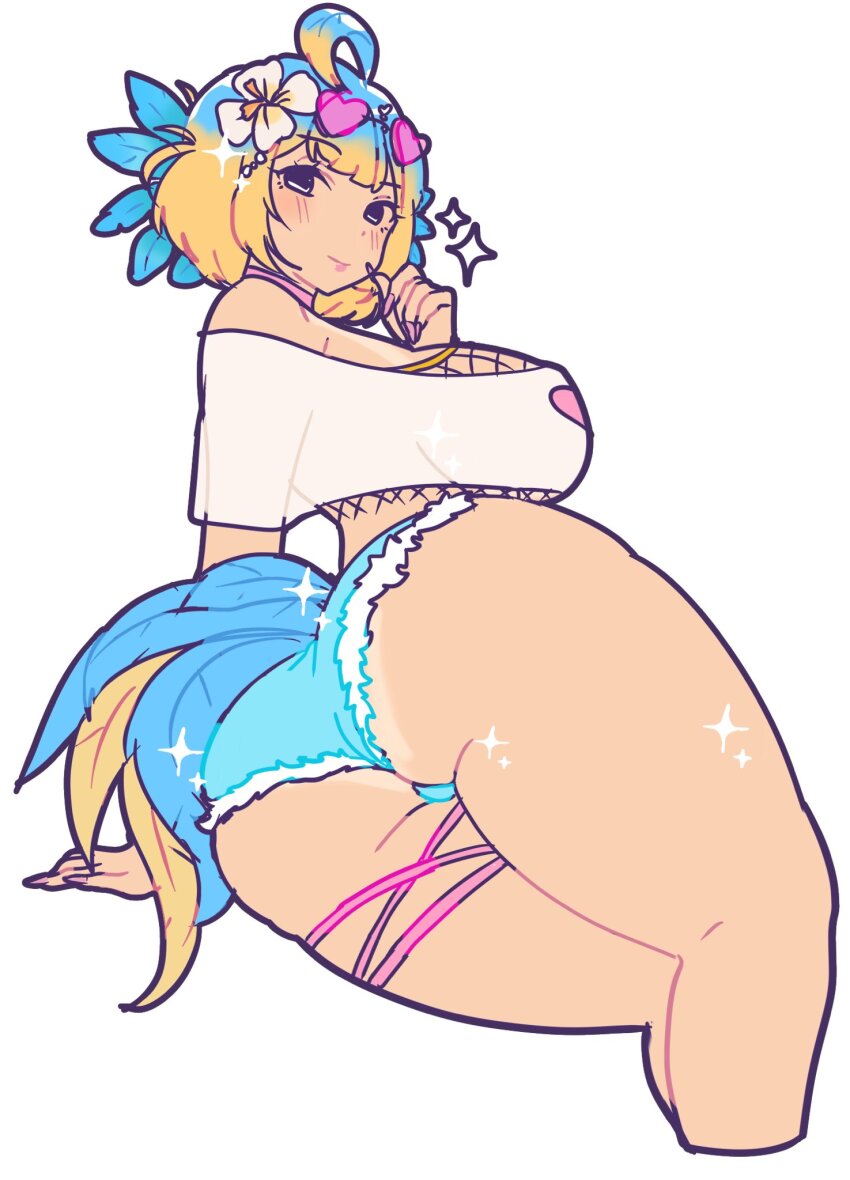 1girl, ass, ass_focus, blonde_hair, coco_the_dodo, feathers, highres, indie_virtual_youtuber