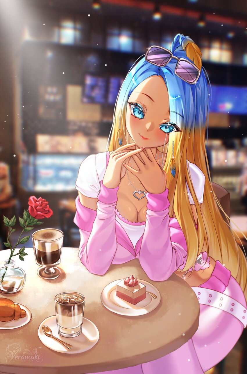 1girl, blonde_hair, cake, cake_slice, coco_the_dodo, coffee_mug, cup, feathers