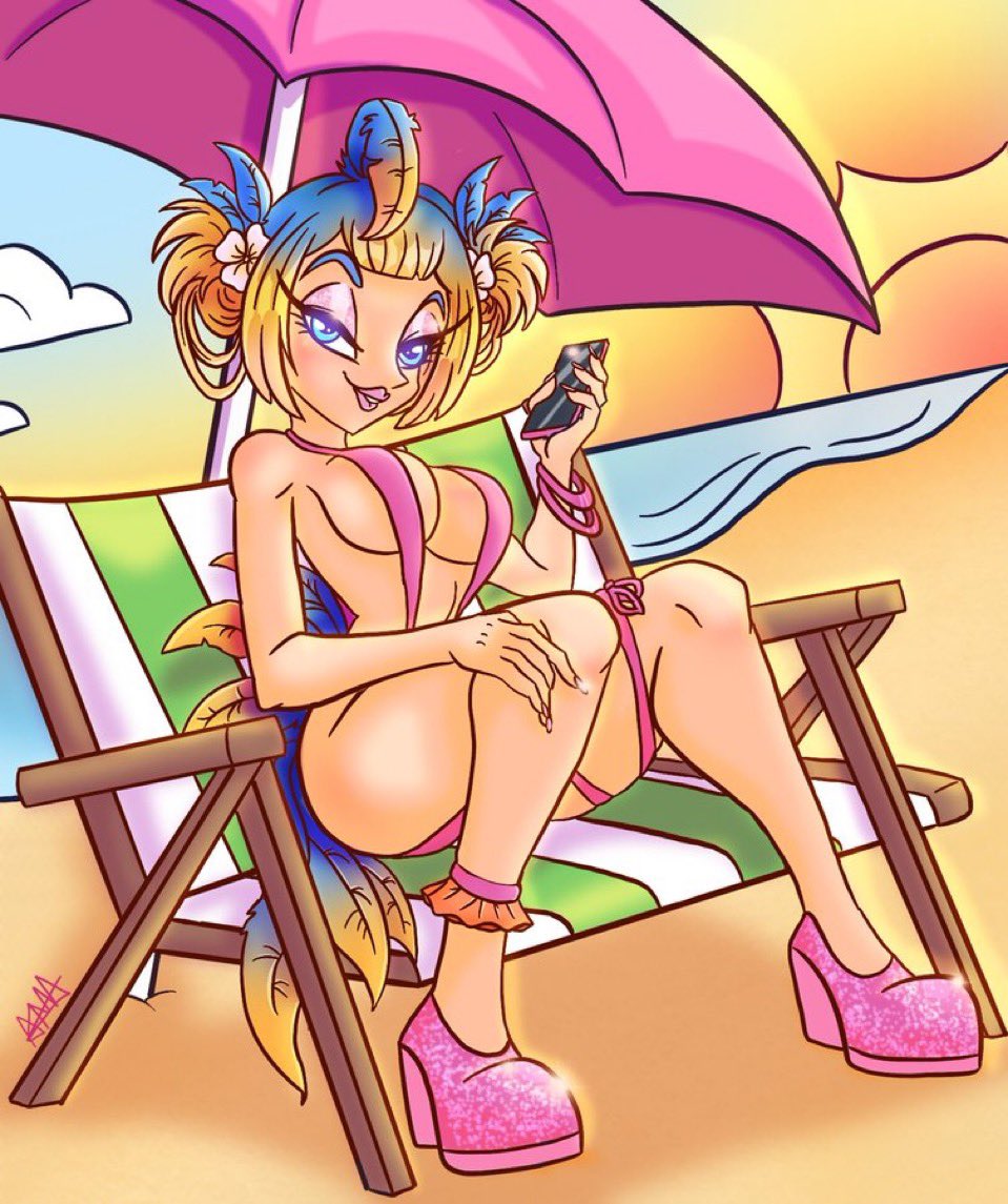 1girl, beach, blonde_hair, cellphone, coco_the_dodo, feathers, indie_virtual_youtuber, phone