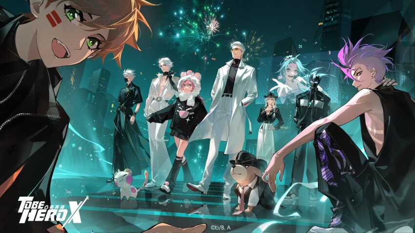 2girls, 6+boys, ahu_(to_be_hero_x), aqua_hair, big_johnny_(to_be_hero_x), billboard, black_tank_top, cityscape