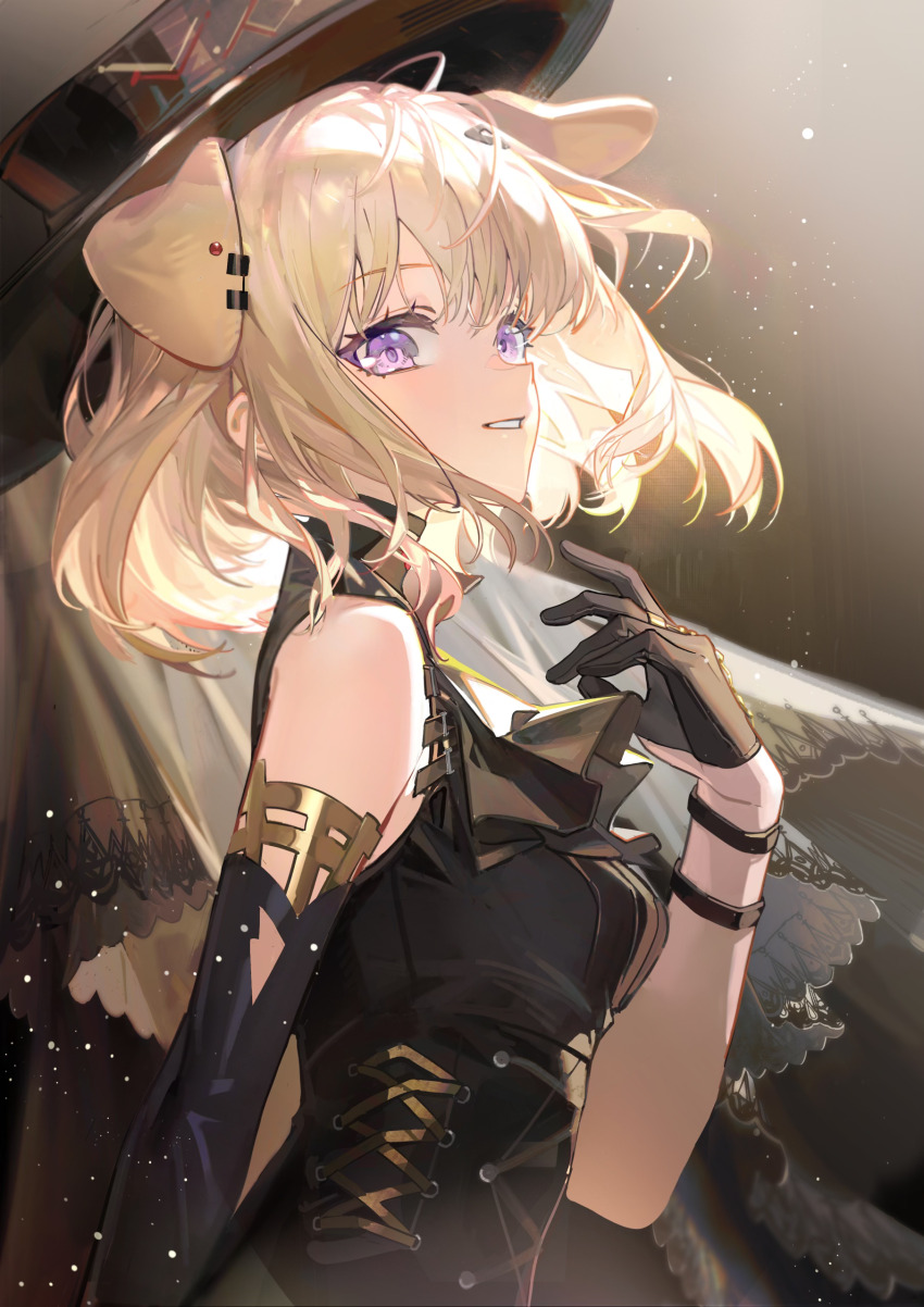 1girl, absurdres, animal_ears, arknights, bang_dream!, bang_dream!_it's_mygo!!!!!, black_dress, black_gloves, black_hat, breasts, commentary_request, detached_sleeves, dog_ears, dog_girl, dress, from_side, gloves, hat, heic-to-png_conversion, highres, lossy-lossless, md5_mismatch, medium_breasts, misumi_uika, misumi_uika_(caged_singer), parted_lips, solo, upper_body, zheshe_jing