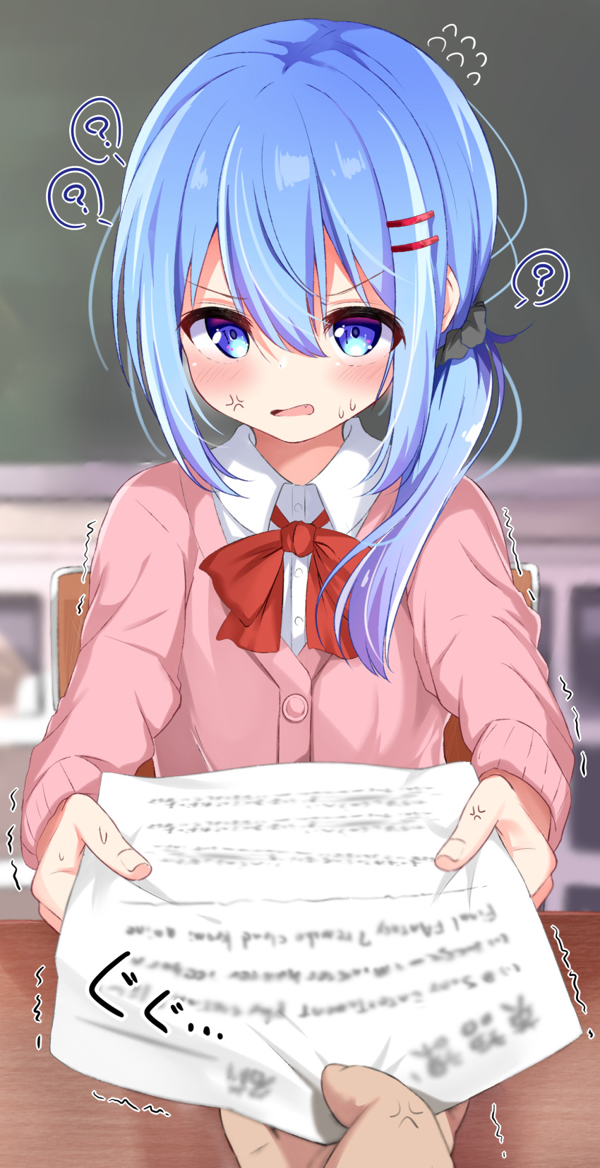 1girl, ?, absurdres, ai-generated_art_(topic), ai_drawing_cat_in_front_of_eye_(meme), anger_vein, annoyed, blue_eyes