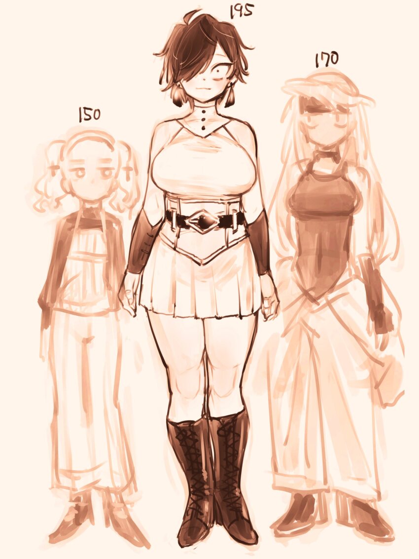 3girls, bare_shoulders, berit_(eisu), breasts, eisu_(eith), harsha_(eisu), height_chart, height_difference, highres, large_breasts, long_hair, medium_hair, multiple_girls, original, pleated_skirt, sepia, short_hair, silk_(eisu), simple_background, sketch, skirt, tall_female, thick_thighs, thighs, twintails, white_background, witch