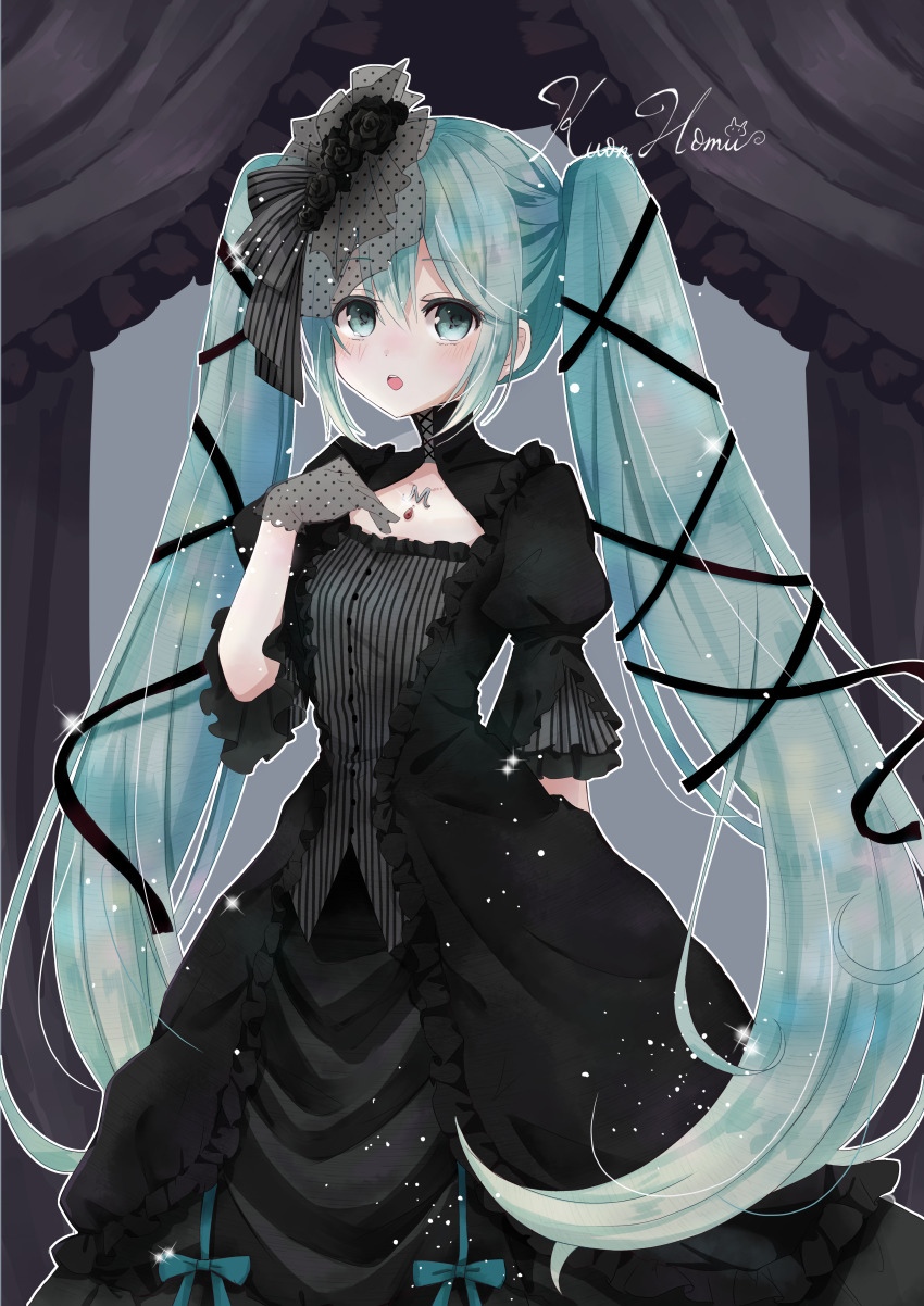 1girl, above-cleavage_cutout, absurdres, aqua_hair, black_bow, black_dress, black_flower, black_gloves