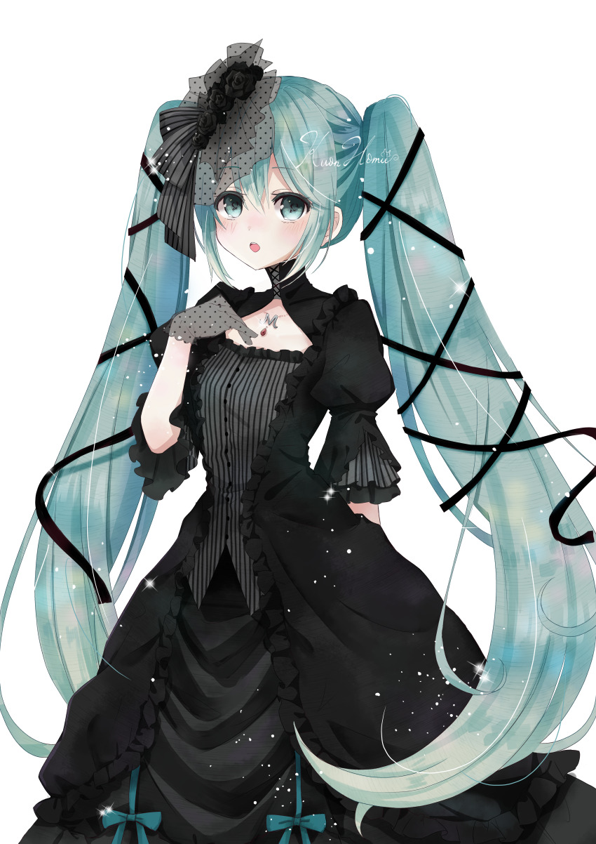 1girl, above-cleavage_cutout, absurdres, aqua_hair, black_bow, black_dress, black_flower, black_gloves, black_ribbon, black_rose, blue_bow, blue_eyes, bow, clothing_cutout, collarbone, dress, dress_bow, feet_out_of_frame, flower, frilled_dress, frilled_sleeves, frills, gloves, gothic_lolita, gown, hair_between_eyes, hair_bow, hair_flower, hair_ornament, hair_ribbon, hand_on_own_hip, hatsune_miku, highres, homu_(pixiv_61217676), light_blush, light_particles, lolita_fashion, long_dress, long_hair, looking_at_viewer, open_mouth, outline, polka_dot_gloves, puffy_short_sleeves, puffy_sleeves, ribbon, rose, see-through_clothes, see-through_gloves, short_sleeves, sign, simple_background, solo, standing, striped_bow, tress_ribbon, turtleneck, turtleneck_dress, twintails, vertical-striped_sleeves, very_long_hair, vocaloid, white_background, white_outline