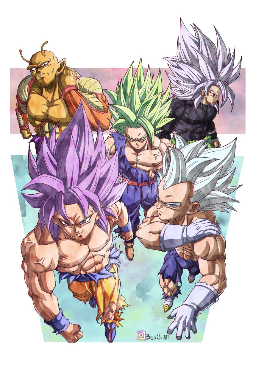 5boys, absurdres, alternate_form, alternate_hair_color, alternate_hairstyle, antennae, aura, bald, battle_damage, beatlo_(rodrigo38658978), black_bodysuit, bodysuit, boots, broly_(dragon_ball_super), colored_skin, commentary_request, cover, cover_page, dougi, dragon_ball, dragon_ball_super, electricity, gloves, gohan_beast, green_eyes, green_hair, grey_eyes, grey_hair, group_picture, highres, legendary_super_saiyan, long_hair, male_focus, manga_cover, medium_hair, multiple_boys, muscular, muscular_male, no_eyebrows, official_art, orange_pants, orange_piccolo, orange_skin, pants, piccolo, pointy_ears, purple_eyes, purple_hair, purple_pants, purple_shirt, red_eyes, red_sash, sash, second-party_source, shirt, son_gohan, son_goku, spiked_hair, super_saiyan, topless_male, ultra_ego_(dragon_ball), ultra_instinct, vegeta, veins, white_boots, white_gloves