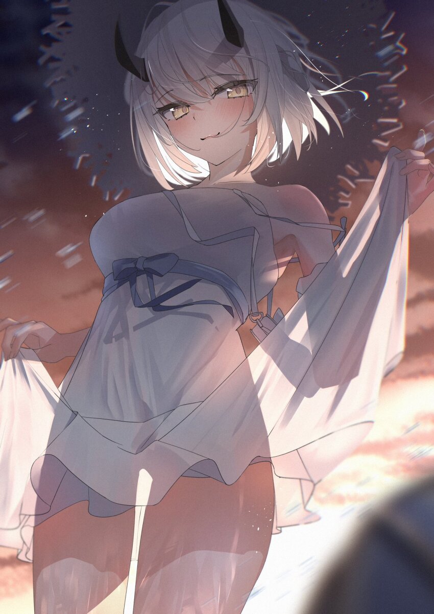 1girl, :3, bare_shoulders, blue_archive, blurry, blush, breasts, closed_mouth, clothes_lift, cowboy_shot, demon_girl, demon_horns, depth_of_field, dress, film_grain, floating_hair, from_below, hat, highres, horns, kazu_(kauk3753), large_breasts, lifting_own_clothes, looking_at, looking_at_viewer, see-through_clothes, see-through_dress, sena_(blue_archive), sena_(casual)_(blue_archive), short_hair, sleeveless, sleeveless_dress, smile, solo, spaghetti_strap, strap_slip, straw_hat, sundress, thighs, white_dress, white_hair, yellow_eyes