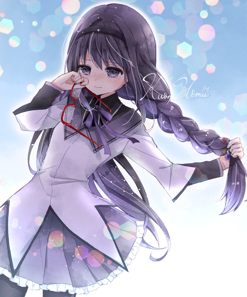 1girl, adjusting_hair, akemi_homura, akemi_homura_(magical_girl), black_capelet, black_hair, black_hairband, black_pantyhose