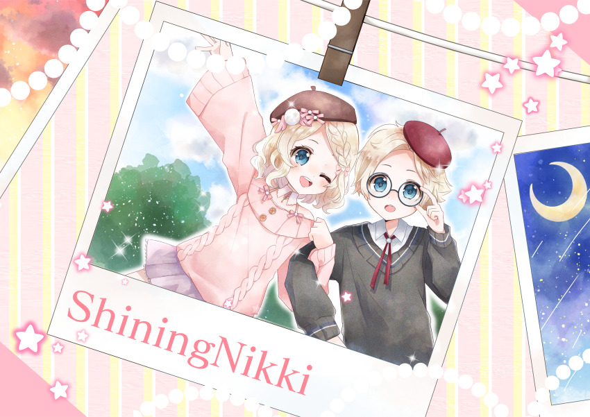 1boy, 1girl, absurdres, adjusting_eyewear, beret, black-framed_eyewear, black_sweater, blonde_hair