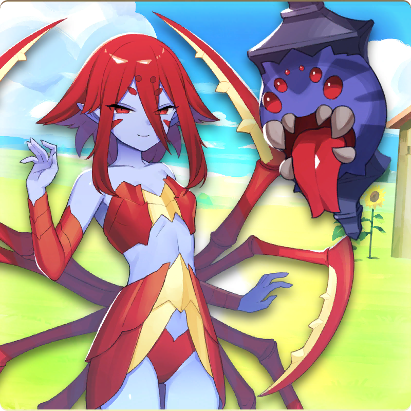 arachne, arachne_(monster_farm), bikini, blue_skin, colored_skin, grasslands, insect_girl, kyuubi_(monster_farm), line:_monster_farm, monster_farm, monster_girl, multiple_eyes, multiple_legs, official_art, pointy_ears, red_eyes, red_hair, spider_girl, swimsuit, taur