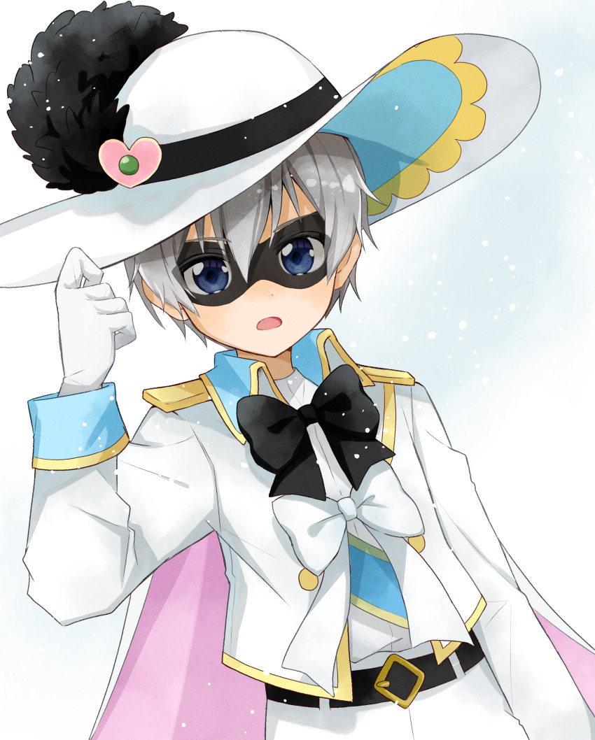 1boy, absurdres, belt, belt_buckle, black_belt, black_bow, black_bowtie, black_mask