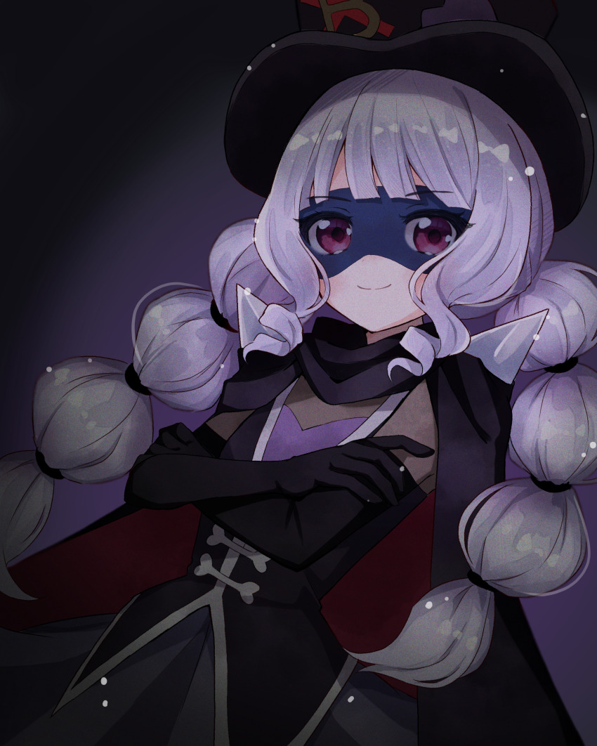 1girl, absurdres, black_cape, black_gloves, black_hat, black_mask, black_skirt, black_vest