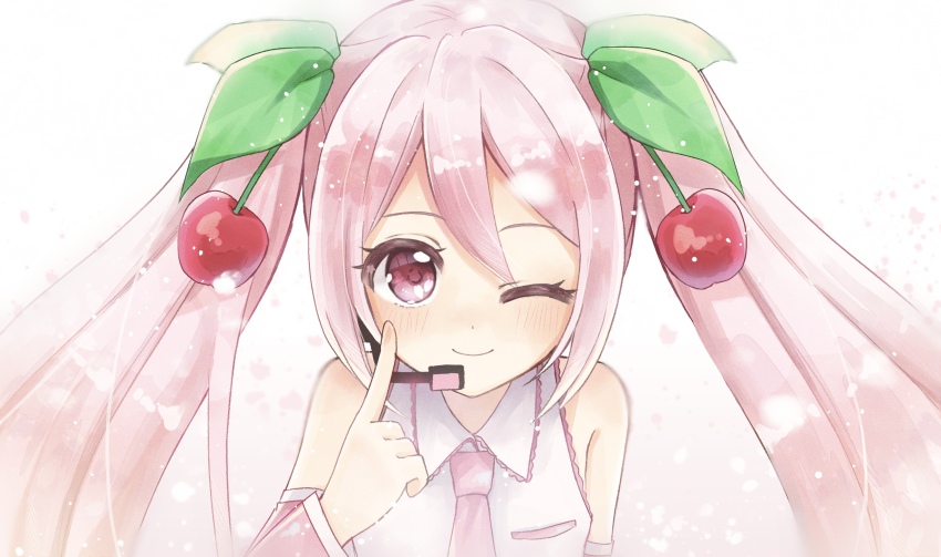 1girl, absurdres, bare_shoulders, breast_pocket, cherry_hair_ornament, closed_mouth, collared_shirt, detached_sleeves, dot_nose, eyelashes, finger_to_cheek, food-themed_hair_ornament, gradient_background, hair_ornament, happy, hatsune_miku, headset, highres, homu_(pixiv_61217676), lace, lace-trimmed_shirt, lace_trim, leaf_hair_ornament, light_blush, light_particles, long_hair, long_sleeves, necktie, one_eye_closed, petals, pink_eyes, pink_hair, pink_necktie, pink_sleeves, pocket, sakura_miku, shirt, sleeveless, sleeveless_shirt, smile, solo, straight-on, tareme, upper_body, very_long_hair, vocaloid, white_background, white_shirt