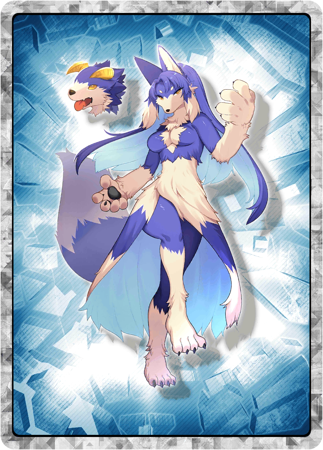 1girl, animal_hands, blue_fur, blue_hair, breasts, ceylan_(monster_farm), claws, floating_head, fur_dress, furry, furry_female, highres, kyuubi_(monster_farm), leg_up, line:_monster_farm, long_hair, looking_at_viewer, monster_farm, official_art, wolf_girl, yellow_eyes
