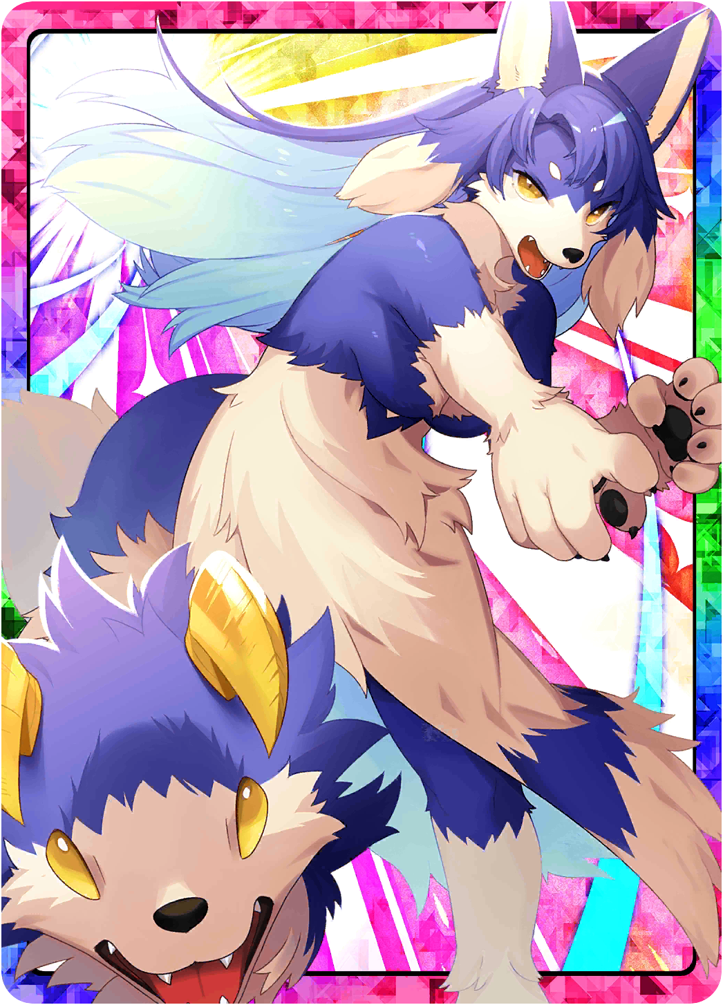 1girl, animal_hands, blue_fur, blue_hair, breasts, ceylan_(monster_farm), claws, fangs, floating_head, fur_dress, furry, furry_female, highres, horns, kyuubi_(monster_farm), line:_monster_farm, long_hair, monster_farm, official_art, pointing, pointing_at_viewer, wolf_girl, yellow_eyes
