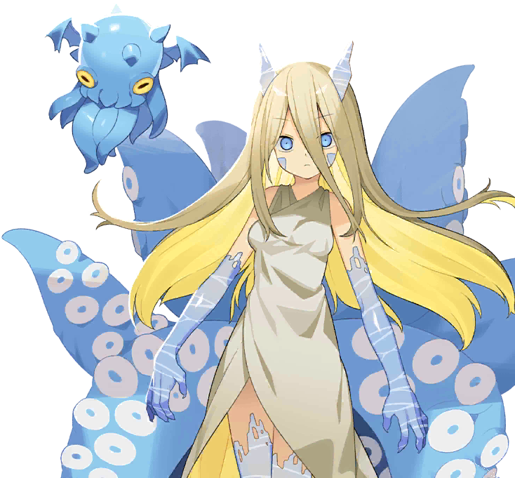 1girl, blue_eyes, cthulhu, dress, hasta_(monster_farm), horns, kyuubi_(monster_farm), line:_monster_farm