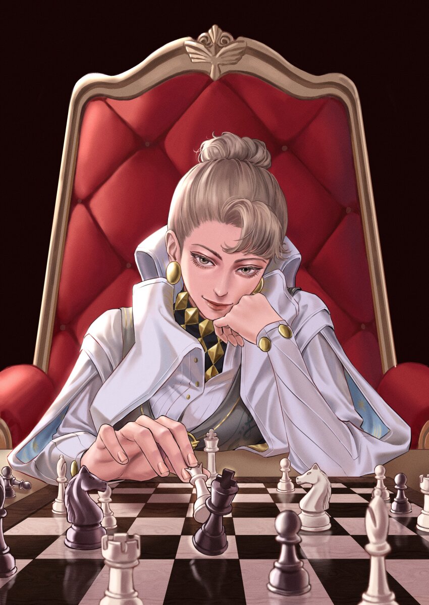 1girl, absurdres, alientomoe, bishop_(chess), black_background, board_game, brown_hair, chess