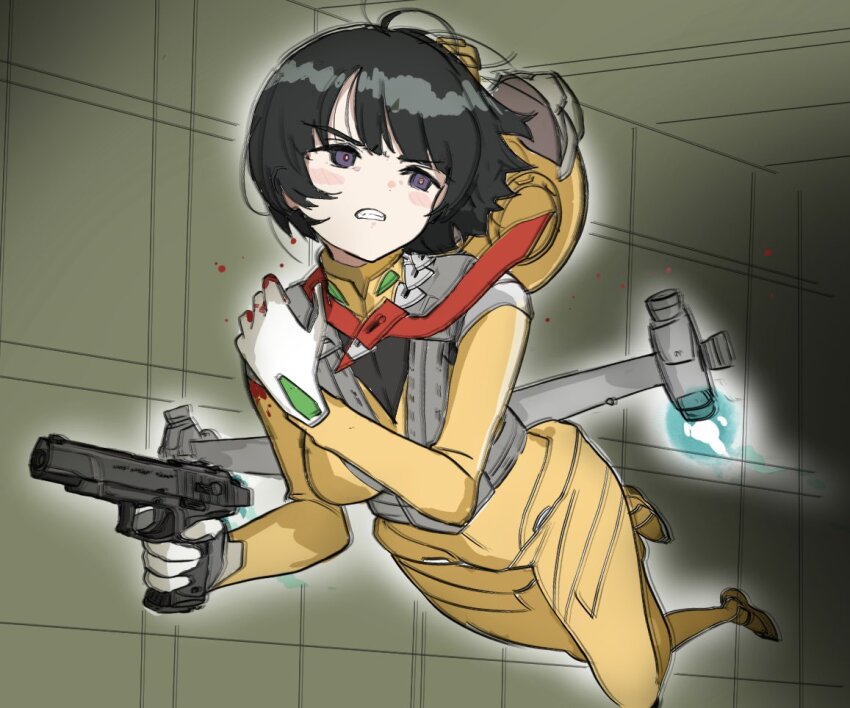 1girl, black_eyes, black_hair, bleeding, blood, blush_stickers, bodysuit, clenched_teeth, commentary_request, covering_injury, gun, gundam, gundam_gquuuuuux, hallway, hand_on_own_shoulder, handgun, helmet, jetpack, karuvo, looking_to_the_side, mecha_pilot_suit, necktie, no_pupils, normal_suit_(gundam), red_necktie, shiiko_sugai, solo, striped_clothes, striped_necktie, teeth, translation_request, unworn_headwear, unworn_helmet, weapon, yellow_bodysuit, zero_gravity