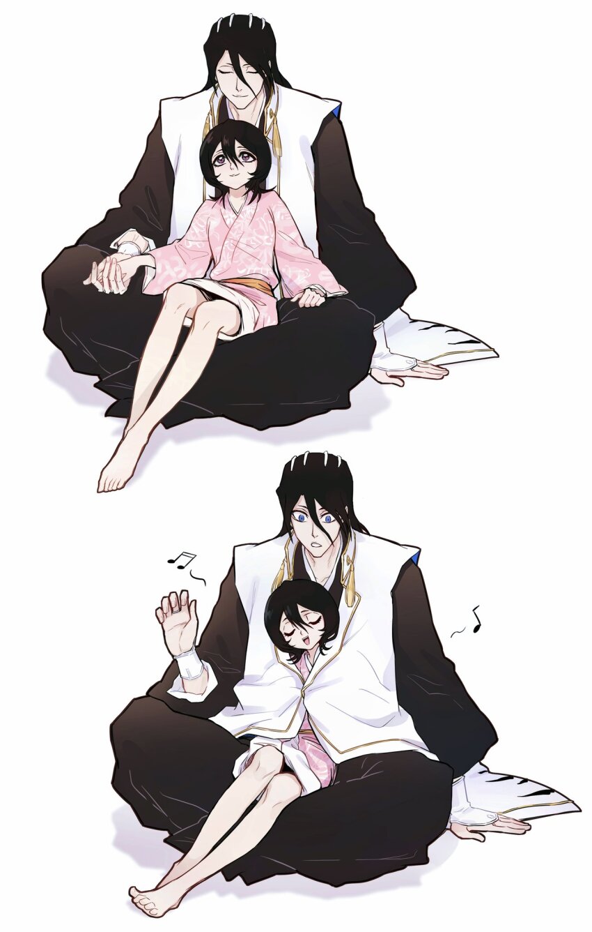 1boy, 1girl, :d, antatica11, arm_at_side, barefoot, black_hair, black_hakama