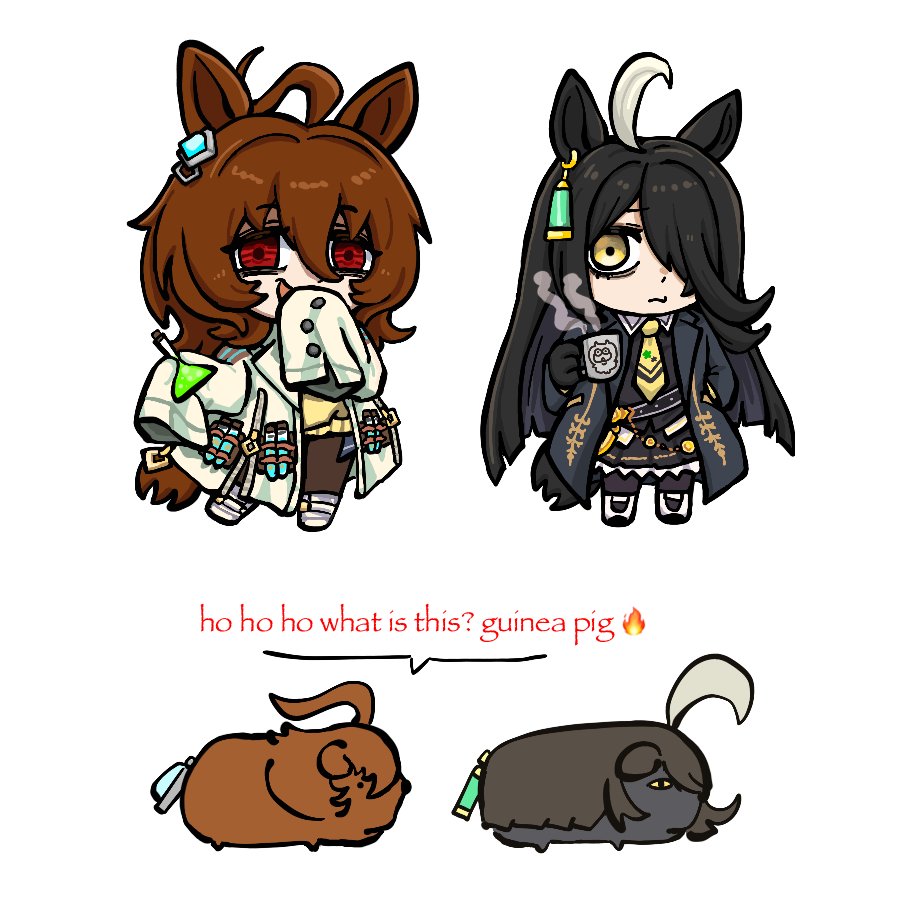 2girls, agnes_tachyon_(umamusume), ahoge, animal_ears, bags_under_eyes, black_hair, brown_hair, chibi