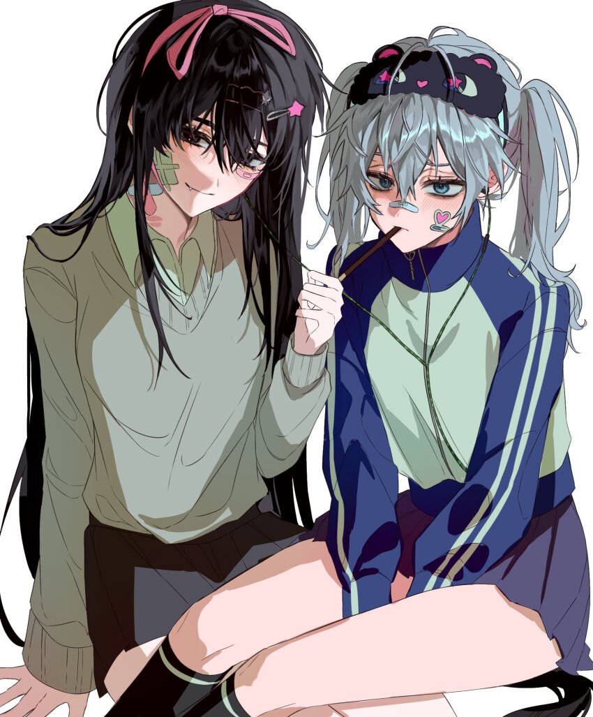 2girls, alien_stage, bandaid, bandaid_on_face, bandaid_on_neck, bandaid_on_nose, black_eyes, black_hair, black_mask, black_skirt, black_socks, blue_eyes, blue_jacket, bobby_pin, closed_mouth, collared_shirt, commentary_request, dobugi221833, earphones, fang, fang_out, feeding, food, food_in_mouth, gauze, gauze_on_cheek, genderswap, genderswap_(mtf), grey_hair, grey_sweater, hair_ornament, hair_ribbon, hairclip, highres, holding, holding_food, holding_pocky, ivan_(alien_stage), jacket, kneehighs, korean_commentary, lipstick_mark, lipstick_mark_on_neck, long_hair, long_sleeves, mask, mask_on_head, multiple_girls, official_alternate_costume, pink_ribbon, pocky, pocky_in_mouth, red_pupils, ribbon, shared_earphones, shirt, sitting, skirt, sleep_mask, socks, star_(symbol), star_hair_ornament, sticker, sticker_on_face, sweater, till_(alien_stage), track_jacket, twintails, very_long_hair, white_shirt