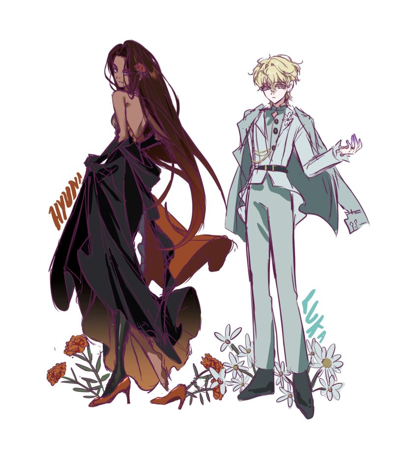 1boy, 1girl, alien_stage, alternate_costume, black_dress, black_gloves, black_shoes, blonde_hair, brown_hair, character_name, colored_extremities, colored_eyelashes, commentary_request, dark-skinned_female, dark_skin, dobugi221833, dress, elbow_gloves, flower, formal_clothes, gloves, grey_eyes, grey_jacket, grey_pants, grey_suit, hair_flower, hair_ornament, high_heels, highres, holding_own_dress, hyuna_(alien_stage), jacket, jacket_on_shoulders, korean_commentary, long_dress, long_hair, luka_(alien_stage), pants, prosthesis, prosthetic_leg, red_flower, red_shoes, shoes, strapless, strapless_dress, suit, suit_jacket, very_long_hair, white_flower, yellow_eyes