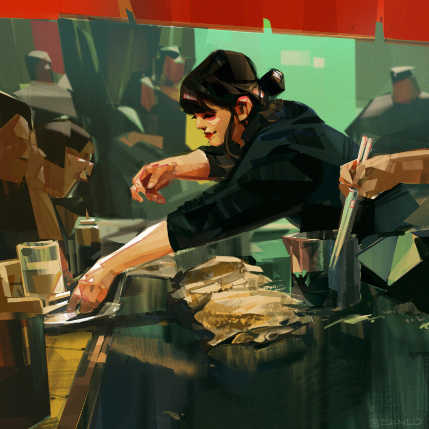 1girl, 6+others, ben_lo, black_hair, black_shirt, chopsticks, commentary, cup, faceless, filet, fish, food, hair_bun, hairband, hibachi_(object), highres, holding, holding_chopsticks, market_stall, medium_hair, multiple_others, original, out_of_frame, painterly, people, reaching, reaching_towards_another, reflective_surface, scenery, serving, shirt, sidelocks, sleeves_rolled_up, tray