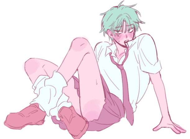 1boy, alien_stage, blush, brown_shoes, chocorocotan, collared_shirt, commentary, crossdressing, crossdressing_(mtf), green_eyes, grey_hair, leg_warmers, male_focus, open_mouth, shirt, shoes, short_hair, short_sleeves, sitting, skirt, solo, till_(alien_stage), very_short_hair, white_leg_warmers, white_shirt