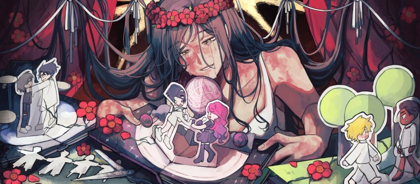 3boys, 3girls, alien_stage, anniversary, black_hair, blonde_hair, book, bra