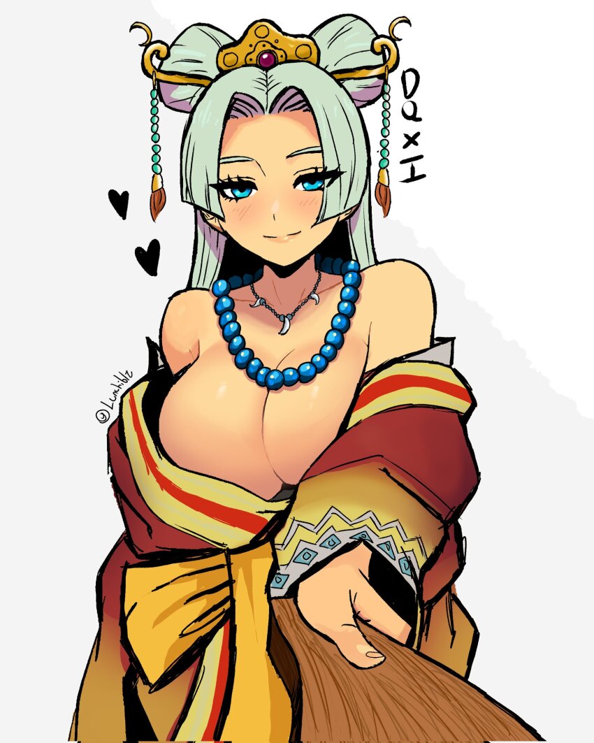 1girl, bead_necklace, beads, blue_eyes, blunt_bangs, breasts, cleavage, commentary