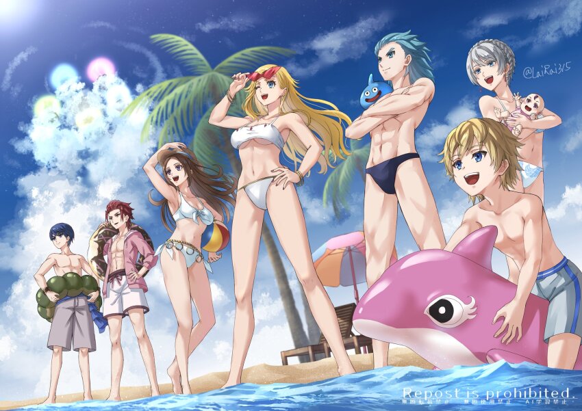 1other, 3girls, 4boys, 888666, :d, ;d, adjusting_eyewear, alternate_costume, aqua_eyes, aqua_hair, baby, ball, beach, beach_umbrella, beachball, bikini, blonde_hair, blue_eyes, blue_hair, blue_sky, braid, breasts, brown_eyes, brown_hair, cantis_(dq10), carrying, carrying_baby, carrying_person, cloud, commentary_request, creature, creature_on_shoulder, crossed_arms, crown_braid, dragon_quest, dragon_quest_x, euriza_(dq10), fabiel_(dq10), fedira_(dq10), front-tie_bikini_top, front-tie_top, hair_slicked_back, hat, highres, innertube, jacket, krytos, large_breasts, looking_ahead, male_swimwear, mednam_(dq10), mitra_(dq10), multiple_boys, multiple_girls, muscular, muscular_male, navel, on_shoulder, one_eye_closed, open_mouth, outdoors, palm_tree, pink_jacket, red-tinted_eyewear, red_hair, red_nails, short_hair, sky, slime_(dragon_quest), smile, spiked_hair, straw_hat, swim_briefs, swim_ring, swim_trunks, swimsuit, tinted_eyewear, tree, twitter_username, umbrella, underboob, white_bikini, white_hair, white_swim_trunks