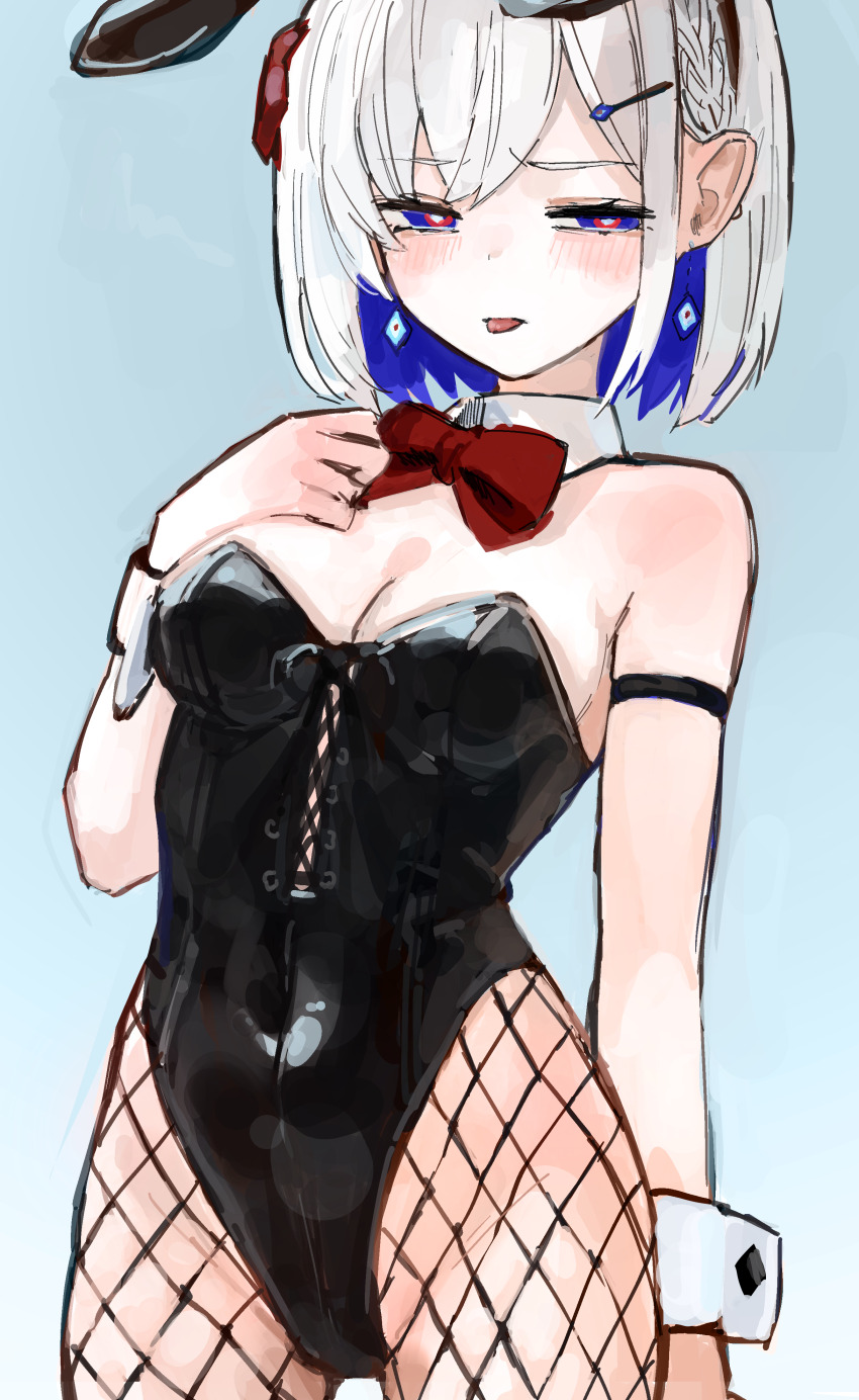 1girl, absurdres, animal_ears, armband, bare_shoulders, black_leotard, blue_background, blush