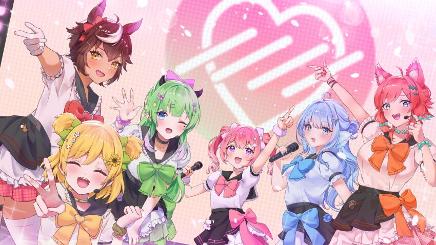 6+girls, absurdres, ahoge, airi_viridis, alpha_betta_(vtuber), animal_ear_fluff, animal_ears, aqua_hair, bead_bracelet, bead_necklace, beads, black_sailor_collar, blonde_hair, blue_bow, blue_eyes, blue_hair, bow, bracelet, breasts, brown_hair, collar, colored_tips, crescent, crescent_hair_ornament, flower, frilled_collar, frills, gloves, green_bow, green_hair, hair_bow, hair_flower, hair_ornament, hani_hima_(v-dere), highres, horse_ears, horse_girl, idol, jewelry, kat_(kattaeto), kirispica, large_breasts, mozumi_pichi, multicolored_hair, multiple_girls, necklace, one_eye_closed, open_mouth, orange_bow, orange_hair, pink_bow, pink_hair, pointy_ears, purple_eyes, purple_scrunchie, red_bow, sailor_collar, scrunchie, second-party_source, shirt, smile, star_(symbol), star_hair_ornament, streaked_hair, sunflower, sunflower_hair_ornament, tan, thigh_strap, thighhighs, tomoe_umari, v-dere, virtual_youtuber, white_flower, white_gloves, white_hair, white_shirt, white_thighhighs, wolf_ears, wolf_girl, wrist_scrunchie, yellow_eyes