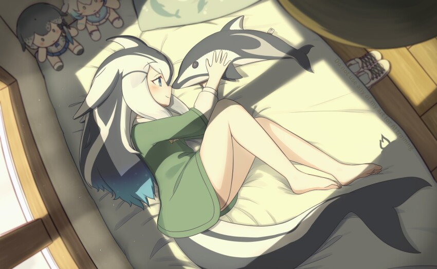 1girl, alternate_costume, bare_legs, barefoot, blowhole, blue_eyes, blue_hair, blush