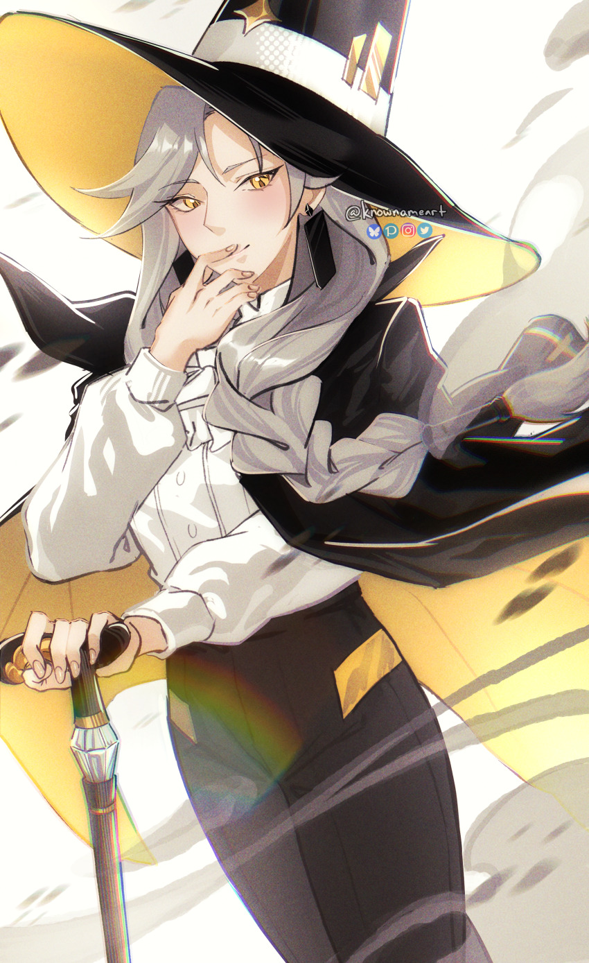 1girl, absurdres, black_hat, black_pants, bluesky_logo, braid, braided_ponytail, cane