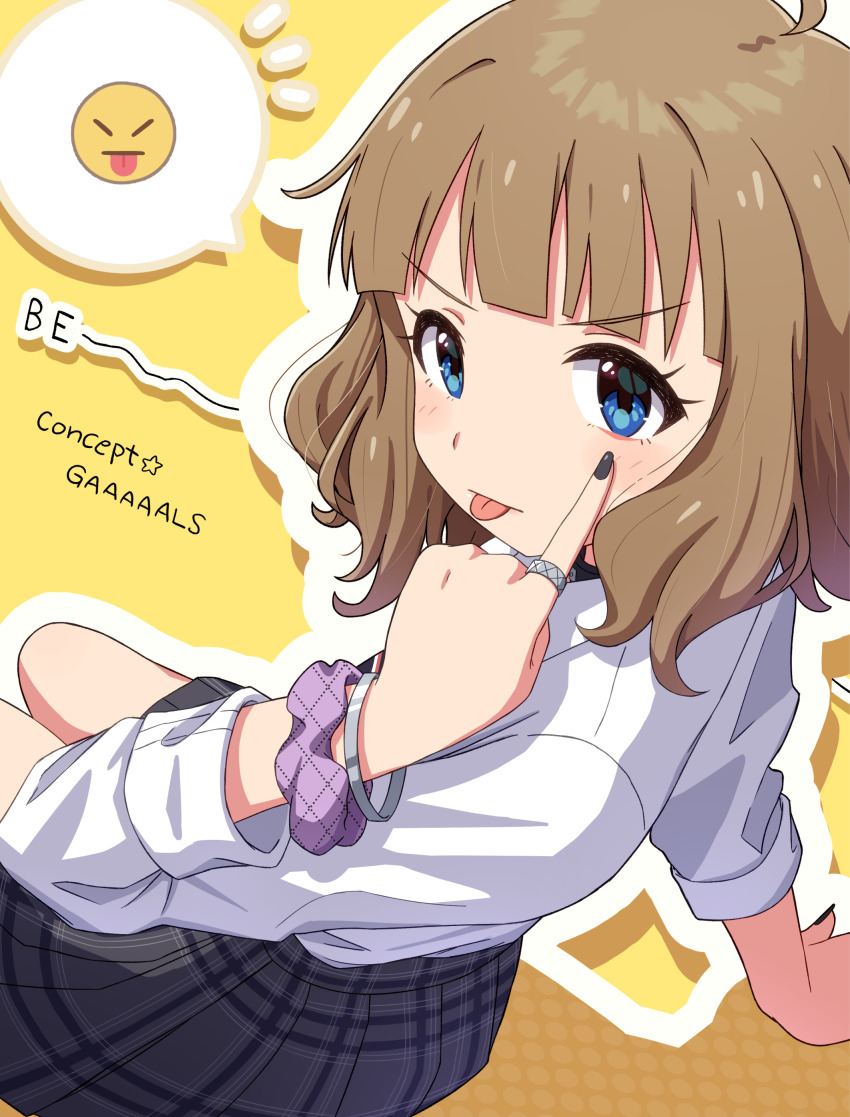 1girl, :p, absurdres, ahoge, akanbe, anime_coloring, arm_support, bangle