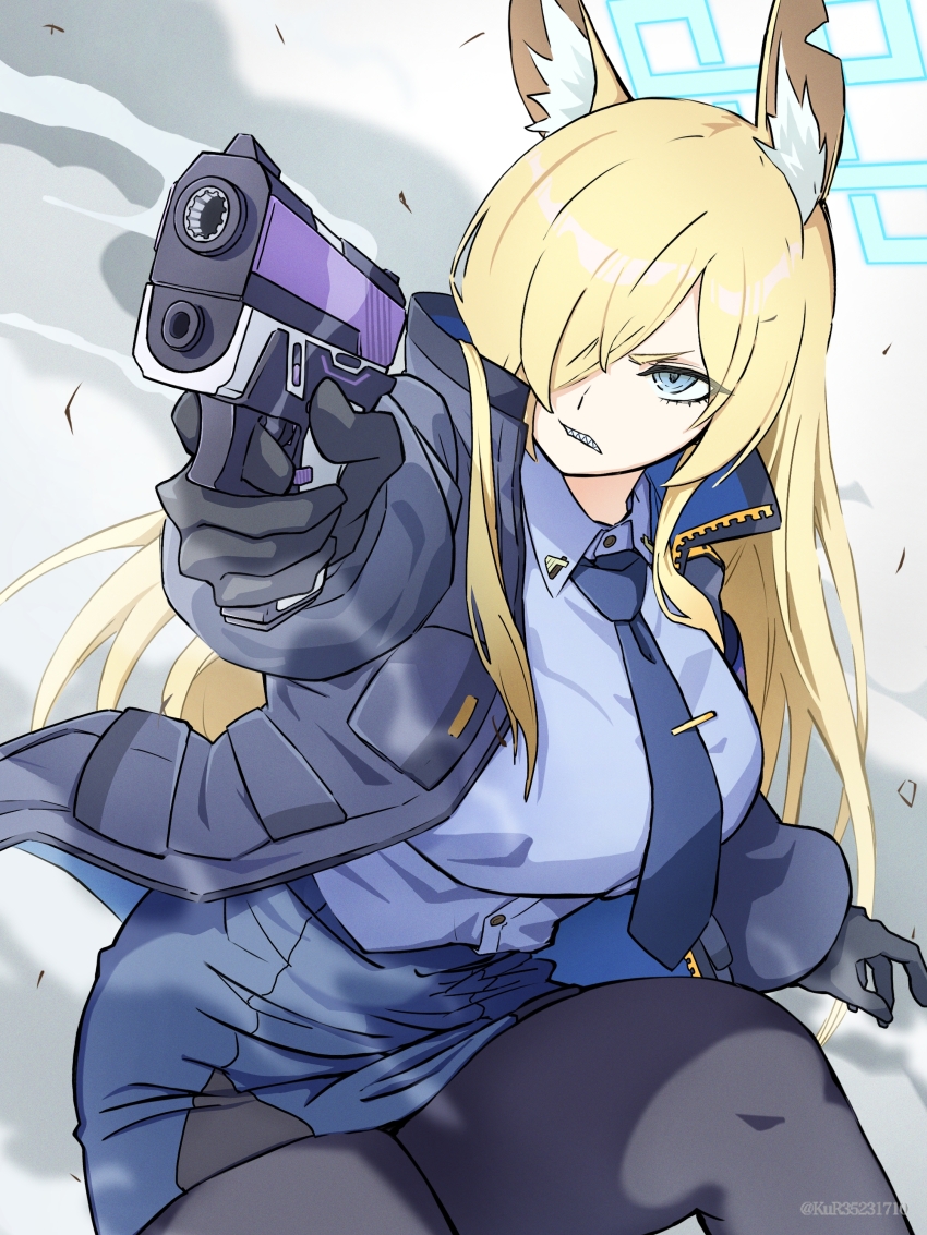 1girl, absurdres, animal_ear_fluff, animal_ears, aruke_(gter7727), black_gloves, black_pantyhose, blonde_hair