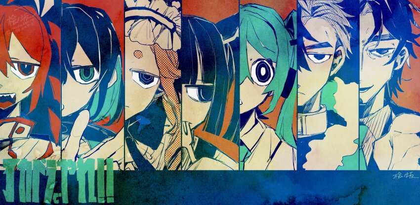 2boys, 5girls, absurdres, adversarial_noise, akapera_de_yare!!, aoyama_ryuusei, aqua_eyes, aqua_hair