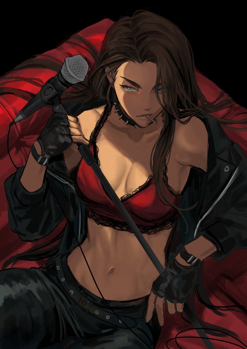 1girl, absurdres, alien_stage, alternate_costume, birthday, black_choker, black_pants, bra, breasts, brown_hair, choker, commentary, dark-skinned_female, dark_skin, english_commentary, food_in_mouth, grey_eyes, highres, hyuna_(alien_stage), lace, lace-trimmed_bra, lace_trim, lollipop, lollipop_in_mouth, long_hair, microphone, microphone_stand, midriff, mkz427, navel, pants, red_bra, solo, spiked_choker, spikes, underwear, very_long_hair