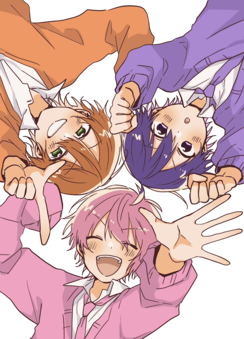 3boys, blush, clenched_hands, closed_eyes, commentary, green_eyes, highres, index_finger_raised