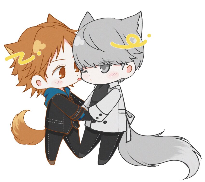 2boys, animal_ears, black_jacket, black_pants, black_scarf, blush, brown_eyes, brown_hair