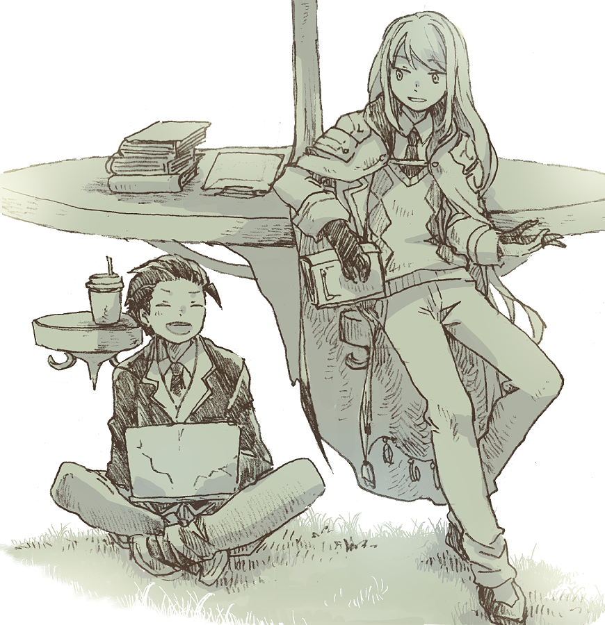 2boys, :d, against_table, another_eden, blazer, blush, book, book_stack, brown_theme, cape, cape_clasp, claude_(another_eden), closed_eyes, collared_shirt, commentary_request, computer, cup, disposable_cup, drinking_straw, elbow_rest, full_body, gloves, grass, hair_slicked_back, hatching_(texture), holding, holding_book, indian_style, jacket, lapels, laptop, laughing, leaning, linear_hatching, long_hair, long_sleeves, looking_at_another, looking_down, looking_to_the_side, male_focus, michibata_65, monochrome, multiple_boys, necktie, notched_lapels, on_ground, open_mouth, pants, raised_eyebrows, shirt, shoes, short_hair, sideways_glance, simple_background, sitting, smile, standing, sweater_vest, swept_bangs, table, tassel, teeth, turning_head, upper_teeth_only, very_long_hair, white_background