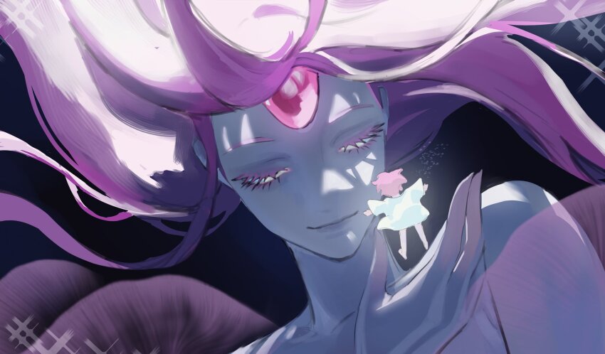 2girls, alien_stage, closed_mouth, colored_eyelashes, commentary, derivative_work, dress, english_commentary, floating_hair, forehead_jewel, giant, giantess, highres, humanization, hyunmi_(pathtoanal), mizi_(alien_stage), multiple_girls, pink_hair, shine_(alien_stage), white_dress