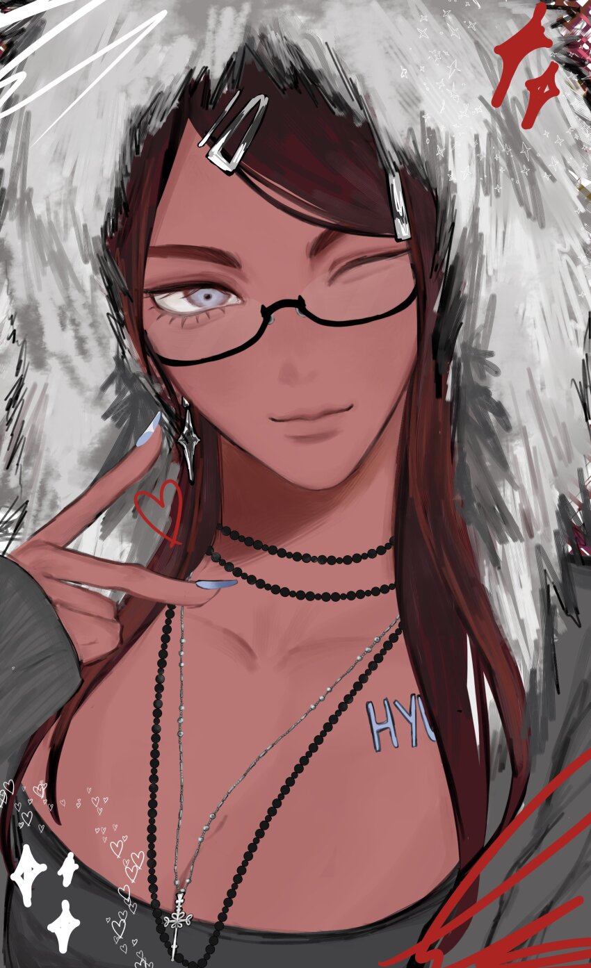 1girl, absurdres, alien_stage, black_shirt, brown_hair, closed_mouth, commentary, cross, cross_necklace, earrings, english_commentary, fur-trimmed_hood, fur_trim, glasses, grey_nails, hair_ornament, hairclip, highres, hood, hyuna_(alien_stage), hyunmi_(pathtoanal), jewelry, long_hair, necklace, one_eye_closed, portrait, shirt, solo